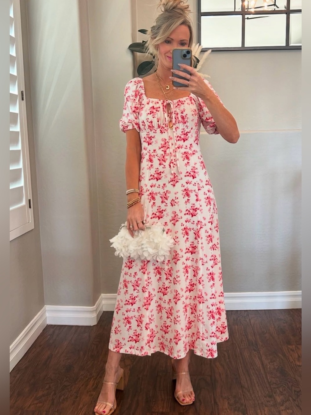 Lioness Cottagecore Whimsycore Floral Puff-Sleeve Midi Dress in White and Reds